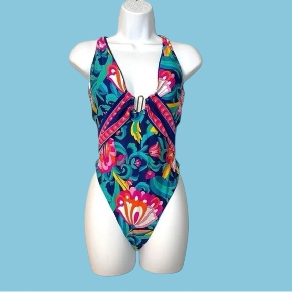Trina Turk One Piece SwimSuit Women's Standard India Garden Plunge Neck NWT - Picture 6 of 13